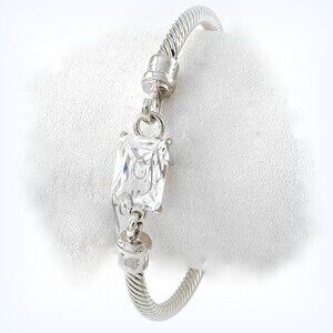 Cable Twisted Silver Tone Faux Clear White Crystal Cuff Bracelet